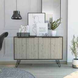 Nevada Large Sideboard in Smoked Oak with 4 Doors - Contrasting Bleached Grey Oak and Black Hairpin Legs Brown Brown One Size 1
