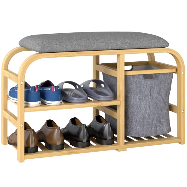 HOMCOM Bamboo Shoe Bench with Cushion, Shoe Rack Bench with 2 Slatted Shelves and Pull-Out Fabric Basket for Hallway, Entryway, Living Room, Nature Wood Finish Brown Natural wood finish