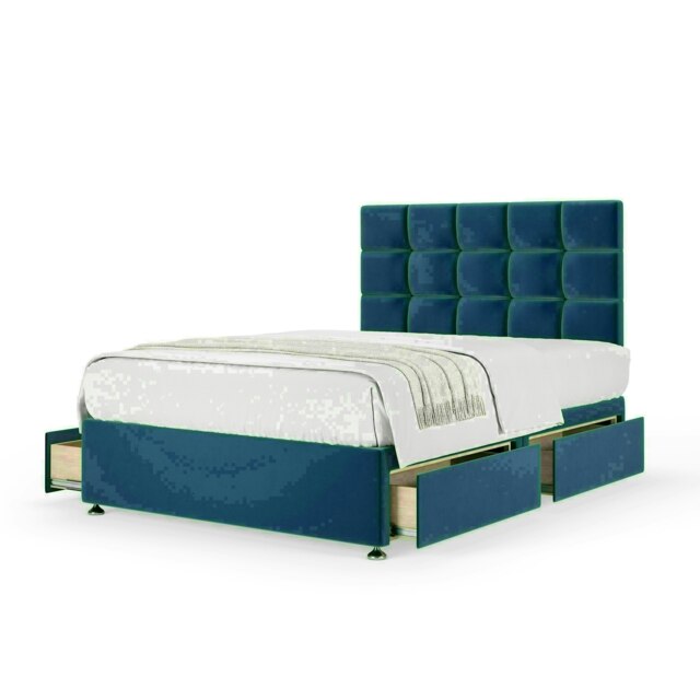 Marine Blue Plush Velvet 4 Drawer Divan Base and Pearl Headboard Super King