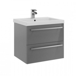 Bathroom 2-Drawer Wall Hung Vanity Unit with Mid Depth Ceramic Basin 600mm Wide - Storm Grey Gloss - Brassware Not Included Grey Grey 1