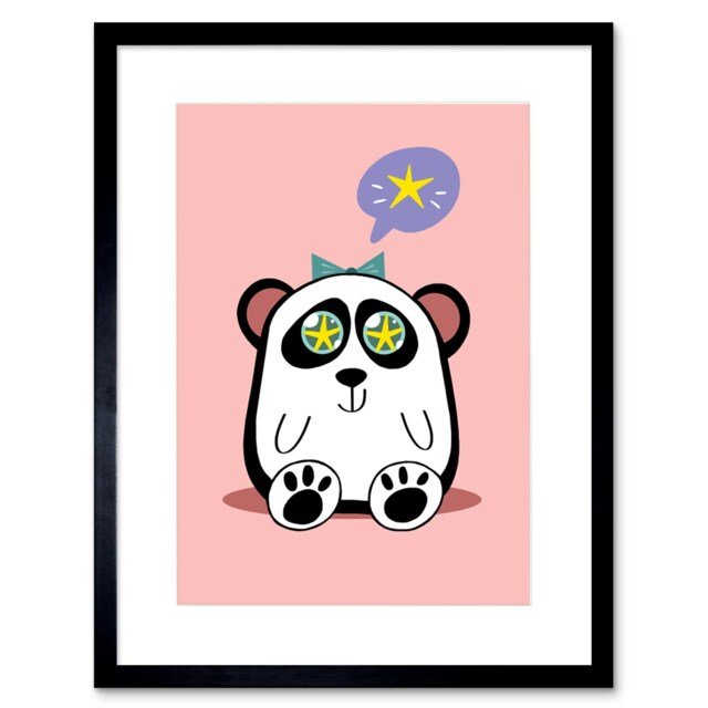 "Kawaii Cartoon Panda Star Kids Bedroom Nursery 9x7"" Black Framed Wall Art Print"