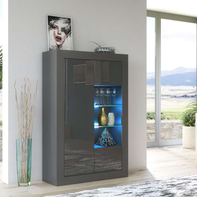 Display Cabinet Bookcase Sideboard Storage Cabinet Cupboard Grey High Gloss LED 140cm