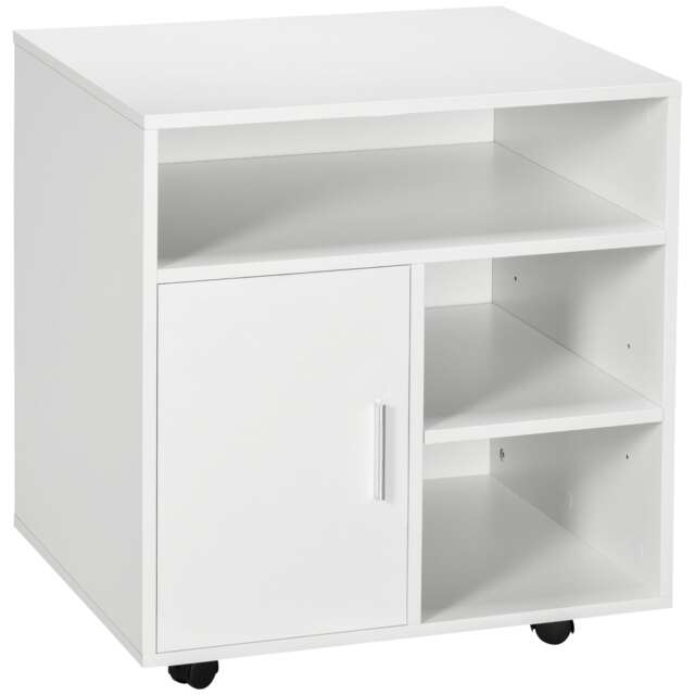 HOMCOM Multi-Storage Printer Stand Unit Office Desk Side Mobile Storage w Wheels Modern Style 60L x 50W x 65.5H cm - White