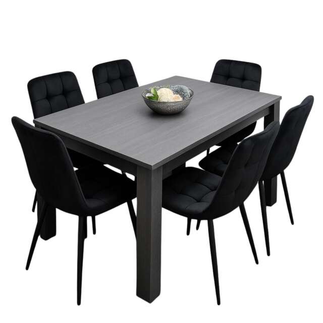 Dining Table and 6 Chairs Black Dark Grey 6 Black Velvet Chairs Wood Dining Set Furniture