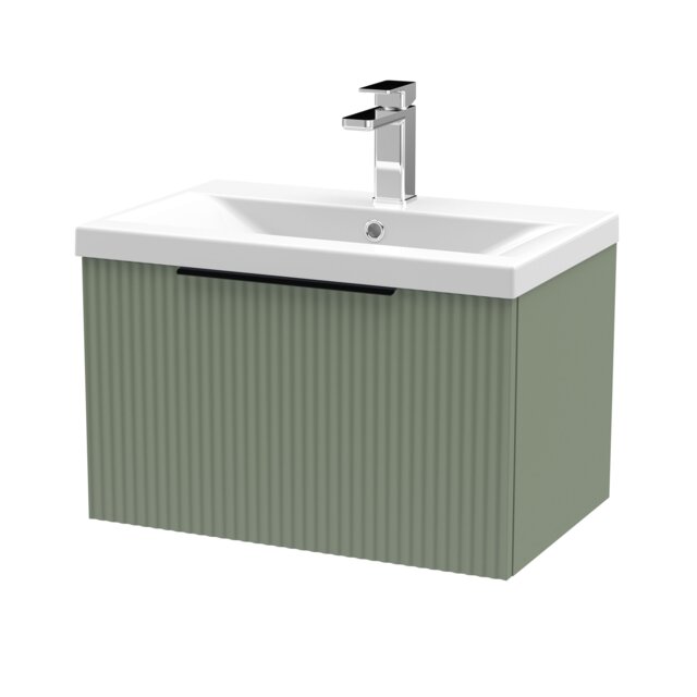 Balterley Fluted Front Wall Hung 1-Drawer Bathroom Vanity Unit with 1 Tap Hole Basin, Handles Green Satin Green