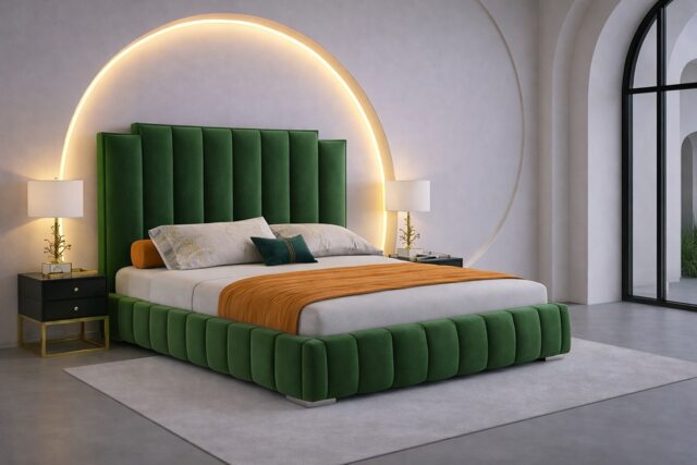 5ft Kingisze Green Plush Velvet Tower Panel Bed Frame