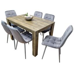 Rustic Effect Dining Table Set with 6 Grey Velvet Chairs Stylish Dining Room Furniture Set