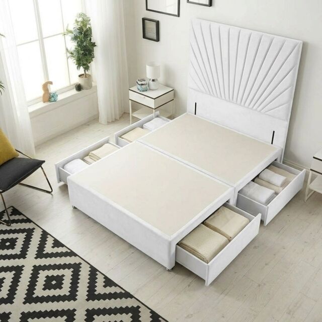 Sunburst Divan Bed with 4 Drawers & 54'' Floor Standing Headboard Plush Velvet White White