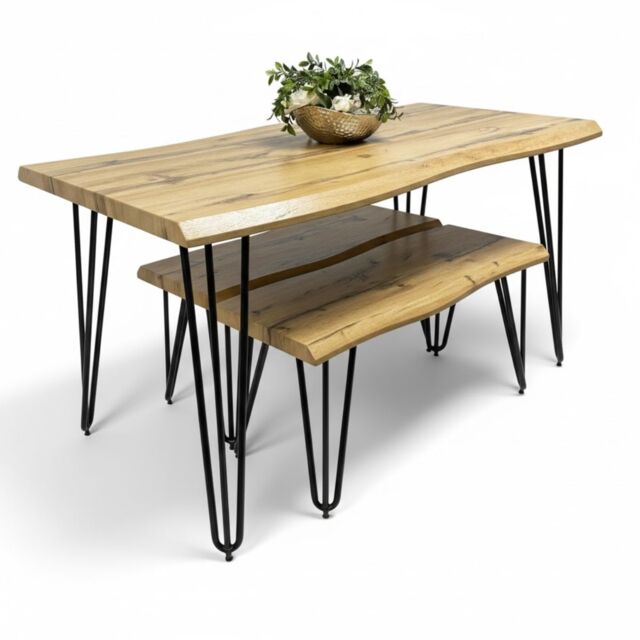 Wooden Dining Table and 2 Benches Set With Metal Hairpin Legs for Dining Room, Work, or Study