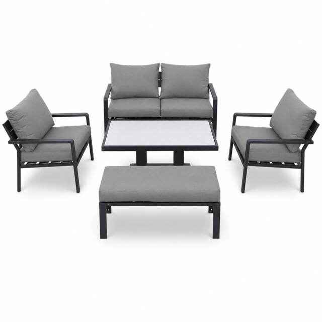 4 Seater 5 Piece Aluminium Garden Sofa Dining Set with Gas Lift Table, Ottoman Bench & Grey Cushions