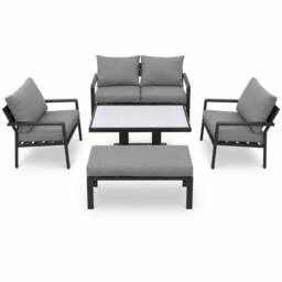 4 Seater 5 Piece Aluminium Garden Sofa Dining Set with Gas Lift Table, Ottoman Bench & Grey Cushions