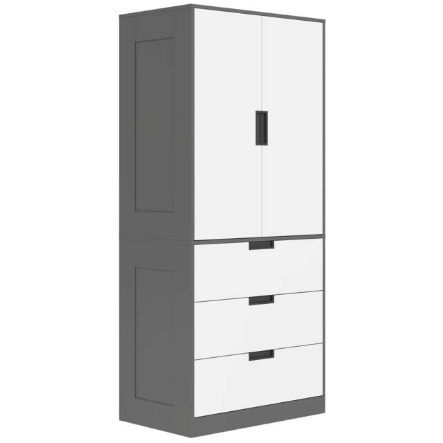 HOMCOM 3 Drawer 2 Door Wardrobe, Modern Clothes Storage Cupboard Unit with Hanging Rod, Bedroom Wardrobe with Soft Closing Hinge, 50D x 80W x 180Hcm, Grey