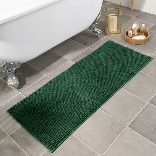 OHS Soft Microfibre Non-Slip Absorbent Noodle Chenille Bath Runner Mat Green Forest Green 45 x 110cm
