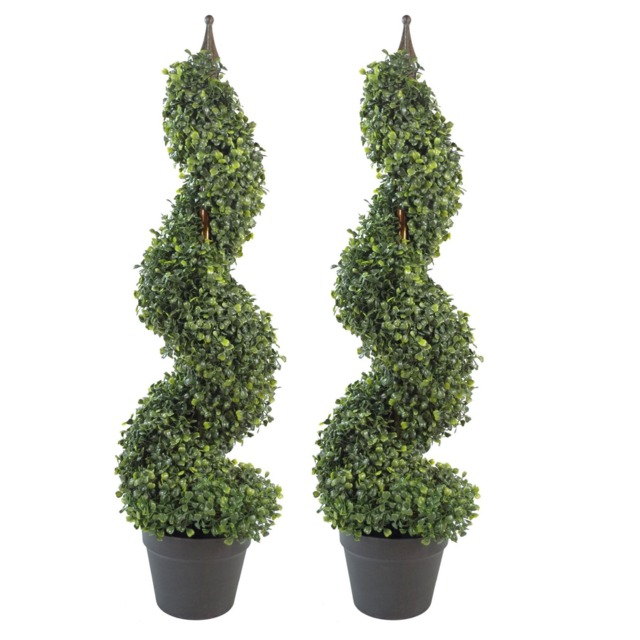 Pair of 90cm (3ft) Tall Artificial Boxwood Tower Trees Topiary Spiral Metal Top Green 3ft