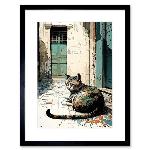 "Street Cat Sunbathing Cobblestone Street Modern 9x7"" Black Framed Wall Art Print"