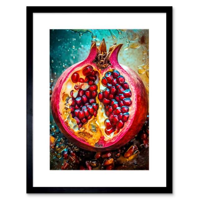 "Sliced Pomegranate Fruit Photorealistic Painting 9x7"" Black Framed Wall Art Print"