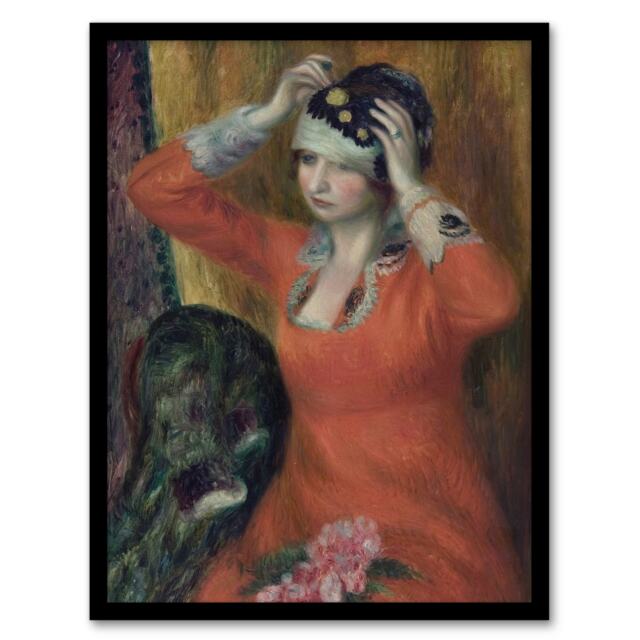"Girl in Red Dress Pinning on Hat Glackens Framed Wall Art Print 12X16"""