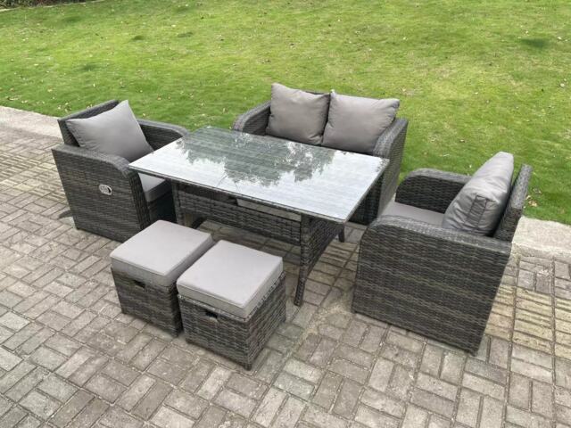Fimous Dark Grey PE Wicker Rattan Garden Furniture Set Love Sofa Reclining Chair Outdoor Rectangular Dining Table Stools 6 Seater