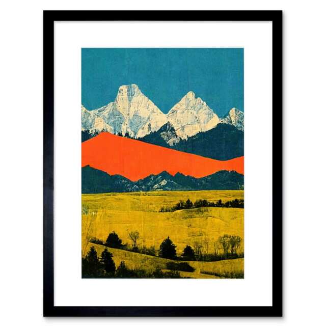 "Winter Mountains Landscape Modern Blue Orange Mustard 9x7"" Black Framed Wall Art Print"