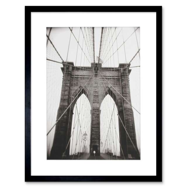 "Photo Black White Ray Henders Brooklyn Bridge 12x16"" Framed Wall Art Print"
