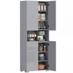 HOMCOM 180cm Tall Kitchen Cupboard, Pantry Storage Cabinet Grey High Gloss Grey 68 x 34 x 180 cm