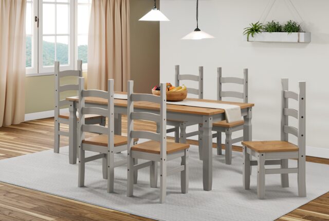 Mercers Furniture Corona Grey Wax 6'0 Dining Table & 6 Chairs Set Solid Wood Pine Wooden Long Large with Mexican Styling