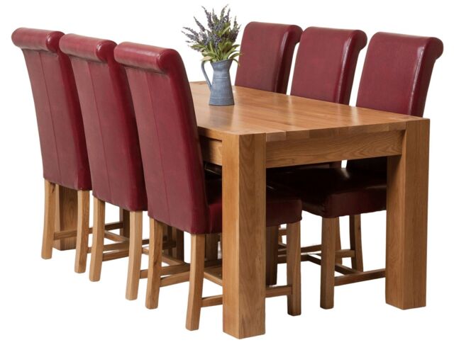 Kuba 180 x 90 cm Chunky Oak Dining Table and 6 Washington Leather Chairs Red Red