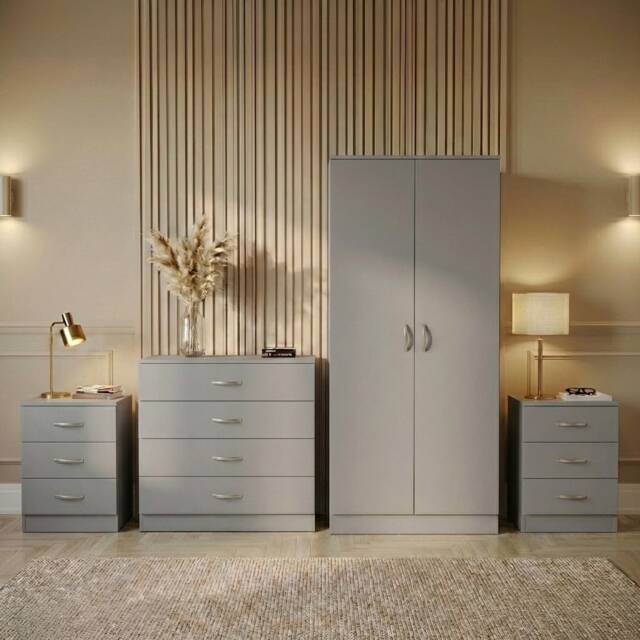 Vida Designs Riano 4 Piece Bedroom Set (2x 3 Drawer Bedside Chest, 4 Drawer Chest, 2 Door Wardrobe) - Grey