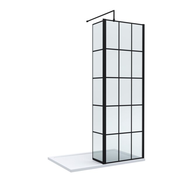 Balterley Glass Walk In Wetroom Screen and Hinged Return Screen with Framed Design and Shower Tray Black Matt Black