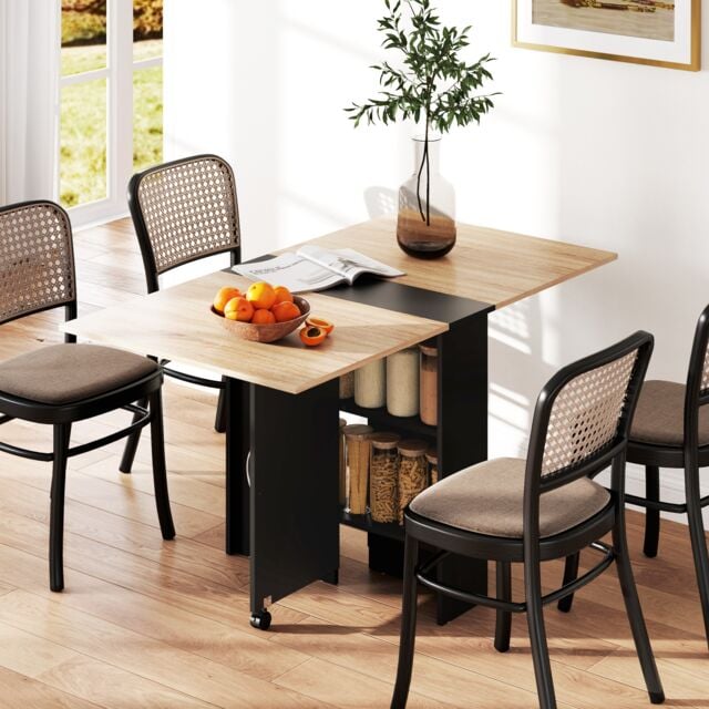 HOMCOM Folding Dining Table, Drop Leaf Table with 2-Tier Shelves, Rolling Casters, for Small Spaces, Kitchen, Oak and Black