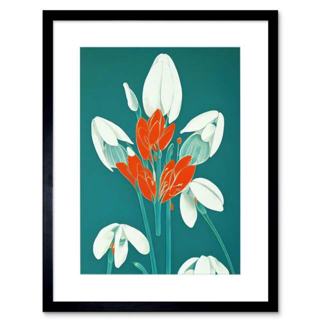 "Abstract Snowdrops Red Flowers Teal Mid Century Style 9x7"" Black Framed Wall Art Print"