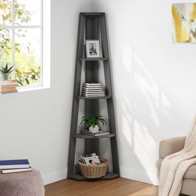 Mercers Furniture Corona Charcoal Corner Ladder Bookcase Open Leaning Shelving Storage Solid Wood Mexican Pine Dark Grey