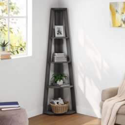 Mercers Furniture Corona Charcoal Corner Ladder Bookcase Open Leaning Shelving Storage Solid Wood Mexican Pine Dark Grey