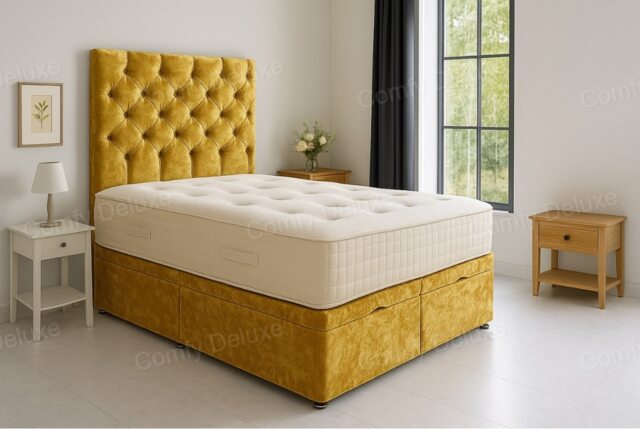 End Opening Ottoman Divan Bed Set Gold Crush Velvet 4ft Small Double