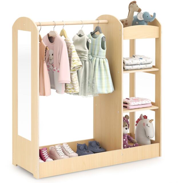 COSTWAY Kids Dress Up Storage Play Armoire Dresser Wardrobe-Natural