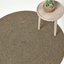 Homescapes Linen and Black Handmade Woven Braided Rug - 120 cm Round Cream Linen