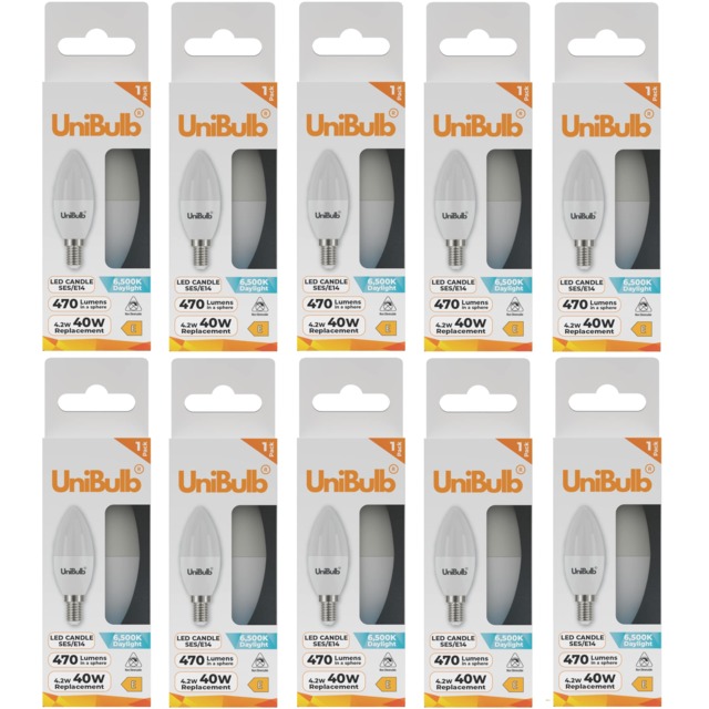 UniBulb LED Candle E14 Small Edison Screw (SES) 470lm 4.2W (Replaces 40W) 6500K (Daylight) Light Bulb - Pack of 10 White Daylight 10