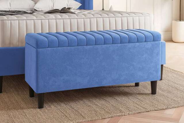 150cm Lined Upholstered Ottoman Storage box - Duck Egg Plush Velvet Blanket Storage Box with Wooden Legs