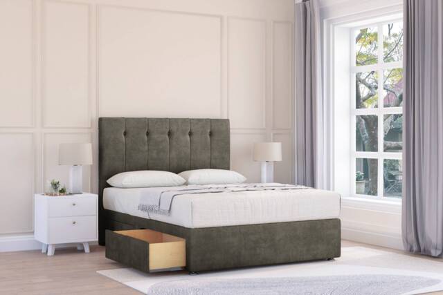 "Sloomy Highbury Pewter Dumfries Divan Bed With Mattress No Drawers With 54"" Floor Standing Headboard 5' King Grey Pewter King 1"