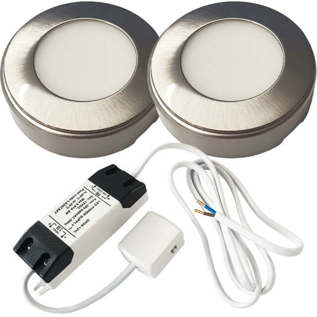 LED Brushed Nickel Round Under Cabinet Kitchen Light Kit with Driver - Warm White