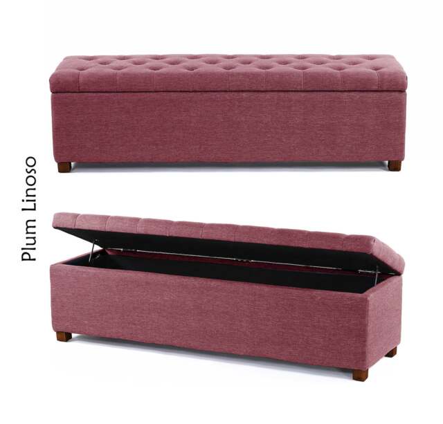Linoso Chesterfield Plum Ottoman Storage Box with Square Wooden Legs - Upholstered Blanket Box (150W x 40D x 45H cm)