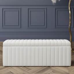 120cm Wide Lux Ottoman Storage Box, White Velvet Upholstered Full Striped Storage Ottoman Box