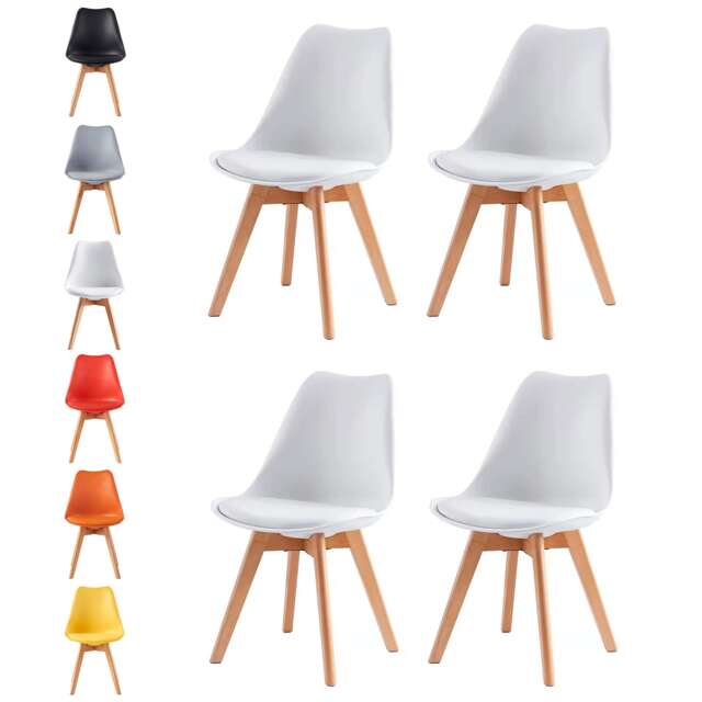 Set of 4 Dining Chairs with Solid Wooden Legs and Seat Cushion Pads in White - Eva by MCC