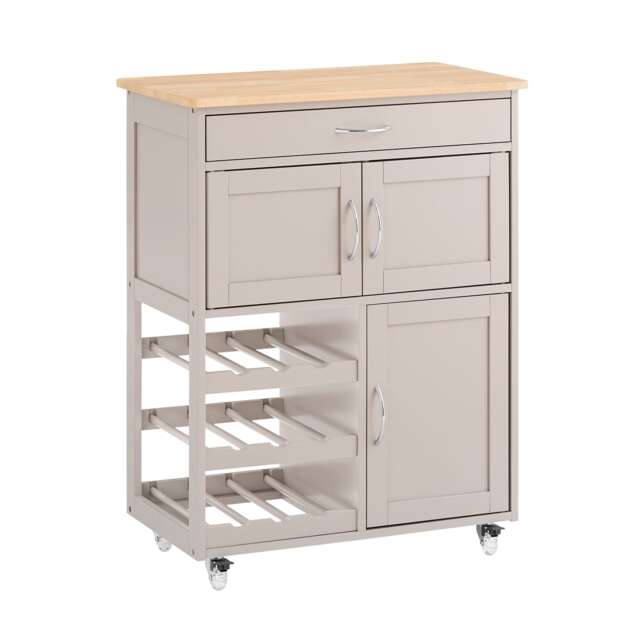 SoBuy Kitchen Trolley with Wine Rack, Drawer & 3 Doors, Light Gray, 26.4x15x34.3 inches, 19.6 kg - FKW45-KA