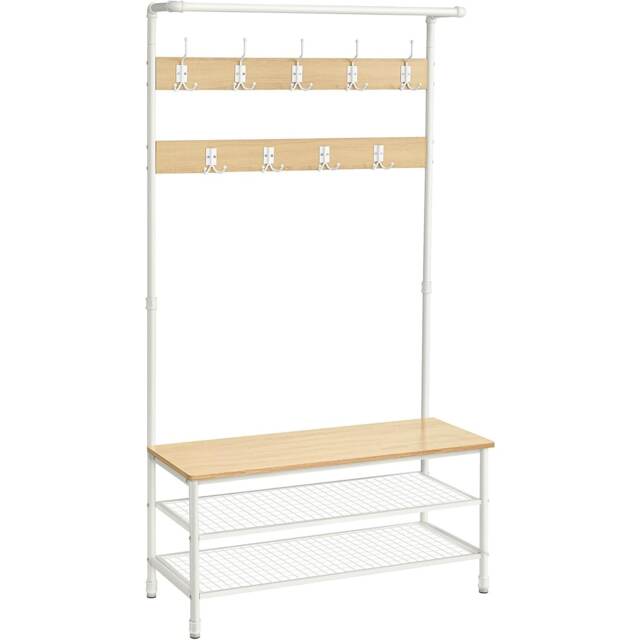 Hall Tree Entryway Coat Rack with Shoe Storage Bench and Hooks, Oak and White