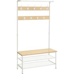Hall Tree Entryway Coat Rack with Shoe Storage Bench and Hooks, Oak and White
