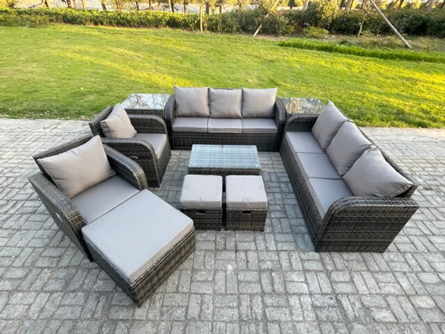 Fimous Rattan Outdoor Garden Furniture Sofa Set Patio Table & Chairs Set with 3 Seater Sofa Reclining Chair 3 Footstools 3 Seater Sofa 2 Side Tables Dark Grey Mixed
