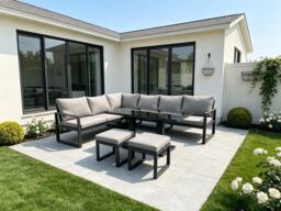 Fimous Aluminum Outdoor Garden Furniture Corner Sofa Adjustable Rising Lifting Table Sets Dark Grey Black Tempered Glass 8 Seater