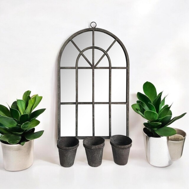 Rusty Wall Mirror with Triple Planter - Distressed Metal - L5 x W45 x H78 cm Black