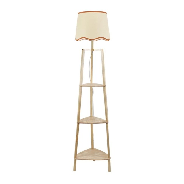 ValueLights Hiru Natural 3 Tier Shelf Floor Lamp Rust Trim Scallop Shade Brown Orange
